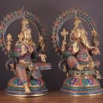 Pure Brass Ganesh Lakshmi Idol Pair with Meenakari Stonework – 27" Height